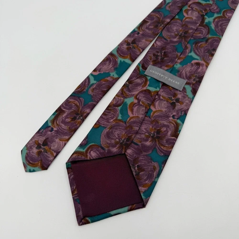 Geoffrey Beene Tie Mens Purple Teal Floral Italian Fabric Made USA Necktie